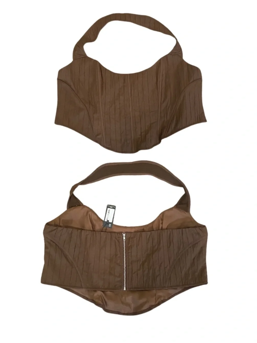 PrettyLittleThing plus size 24 NWT brown halter textured zip up corset crop top - Picture 2 of 7